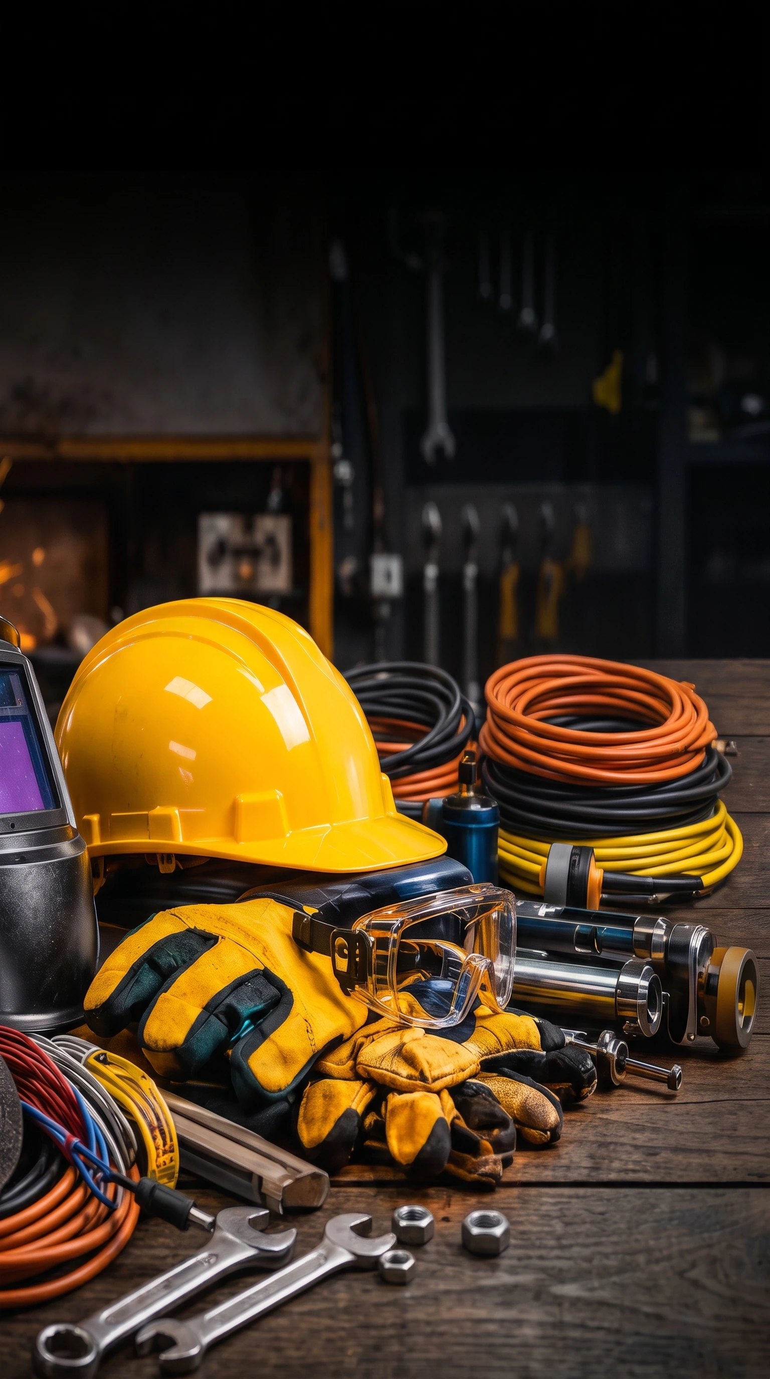 Bancada de oficina com capacete, máscara de solda, luvas, óculos de proteção, cabos elétricos e ferramentas