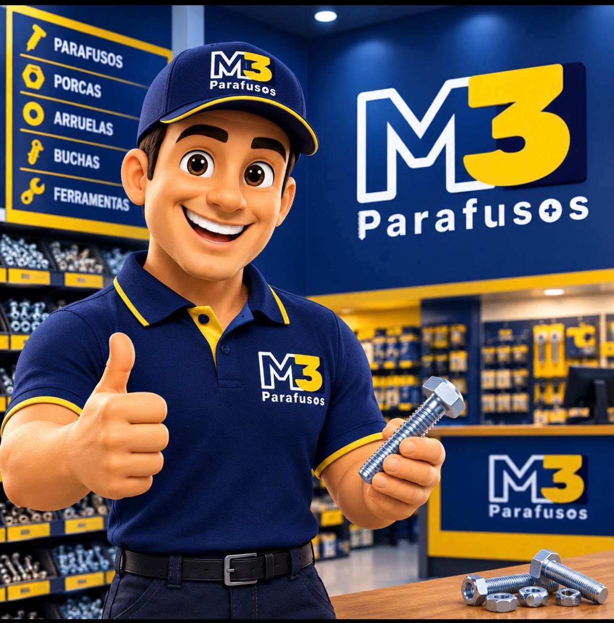 Atendente mascote da M3 Parafusos, de boné e camisa da loja, fazendo sinal de positivo